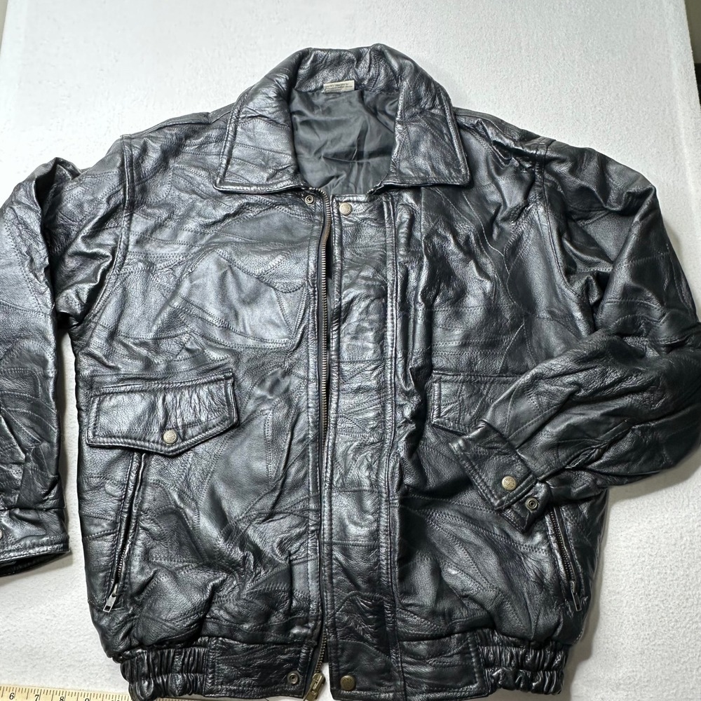 Flight Path Mens Black Leather Patchwork Bomber J… - image 1